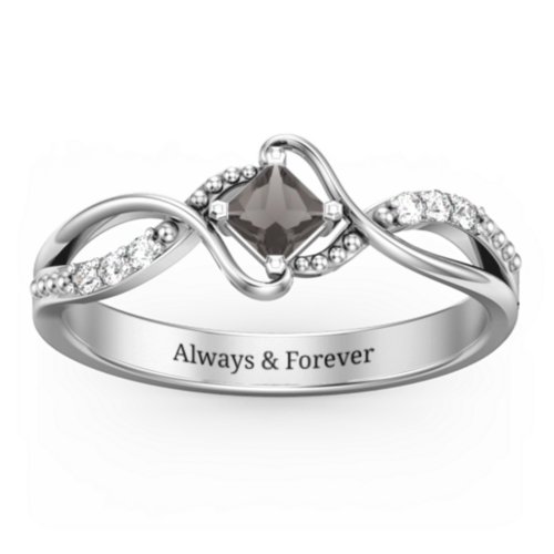 Solitaire Princess Cut Ring with Twisted Split Shank and Accents – Sterling Silver with Smokey Quartz and Cubic Zirconia