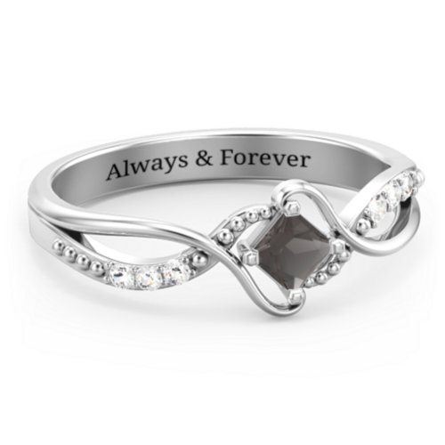 Solitaire Princess Cut Ring with Twisted Split Shank and Accents – Sterling Silver with Smokey Quartz and Cubic Zirconia