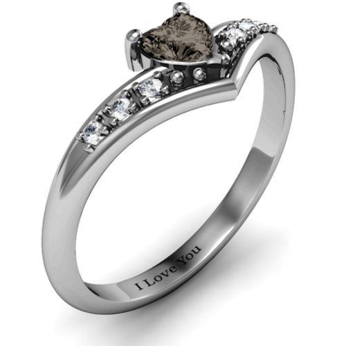 V-Accented Heart Ring – Sterling Silver with Smokey Quartz and Cubic Zirconia