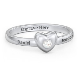 Solid Heart with Gemstone Ring in 925 Sterling Silver with Cubic Zirconia