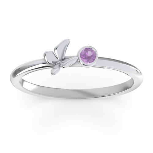 Stacking Butterfly Ring with Bezeled Gemstone – Sterling Silver with Amethyst