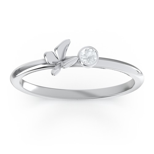 Stacking Butterfly Ring with Bezeled Gemstone – Sterling Silver with Aquamarine