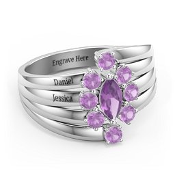 Multi Row Ring with Marquise and Round Cut Gemstones in 925 Sterling Silver with Amethyst