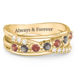 7 Stone Crossover Ring with Accents in 10K Solid Yellow Gold