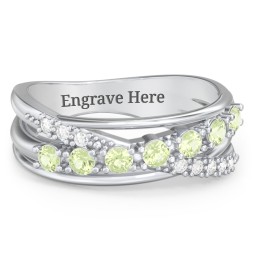 7 Stone Crossover Ring with Accents in 925 Sterling Silver with Peridot and Diamond
