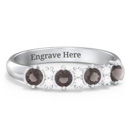 4 Stone Semi-Bezel Ring with Accents in 925 Sterling Silver with Smokey Quartz and White Premium Zirconia