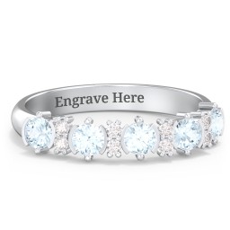 5 Stone Semi-Bezel Ring with Accents in 925 Sterling Silver with Aquamarine and White Premium Zirconia