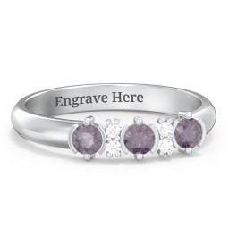 3 Stone Semi-Bezel Ring with Accents in 925 Sterling Silver with Alexandrite and White Premium Zirconia