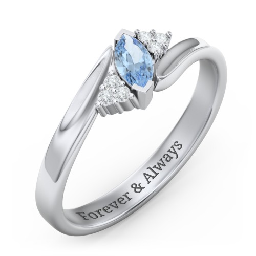 Twisted Marquise Ring with Shoulder Accents – 10K White Gold with Blue Topaz and White Premium Zirconia