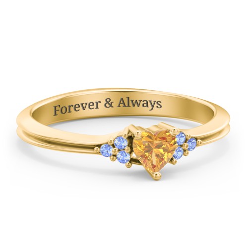 Narrow Heart Ring with Shoulder Accents – 18K Gold Plated Silver with Citrine and Fancy Blue Premium Zirconia
