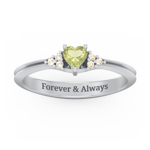 Narrow Heart Ring with Shoulder Accents – Sterling Silver with Peridot and Fancy Yellow Premium Zirconia