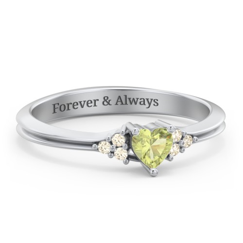 Narrow Heart Ring with Shoulder Accents – Sterling Silver with Peridot and Fancy Yellow Premium Zirconia
