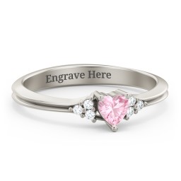 Narrow Heart Ring with Shoulder Accents in 10K Solid White Gold with Pink Tourmaline