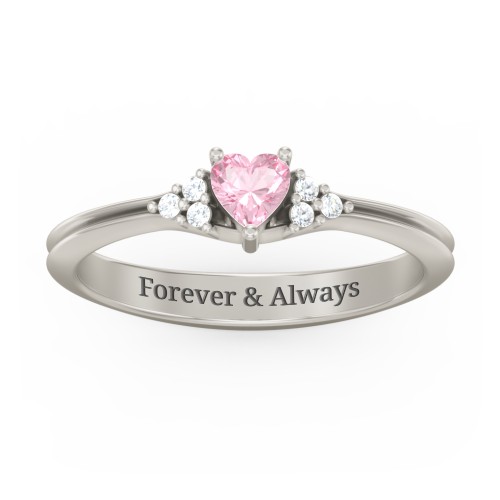 Narrow Heart Ring with Shoulder Accents – 10K White Gold with Pink Tourmaline and White Premium Zirconia