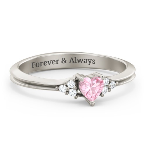 Narrow Heart Ring with Shoulder Accents – 10K White Gold with Pink Tourmaline and White Premium Zirconia