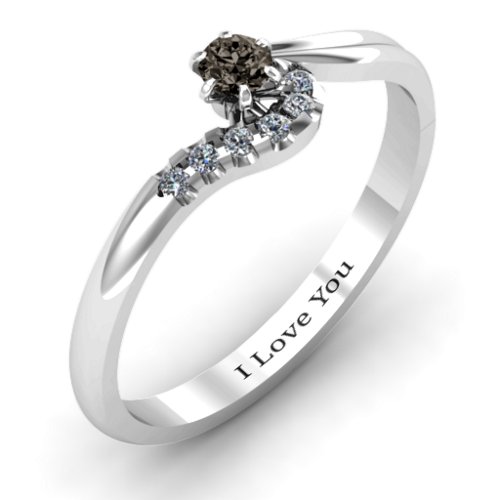 Solitaire Wave Ring with Stone Accents – Sterling Silver with Smokey Quartz and Cubic Zirconia