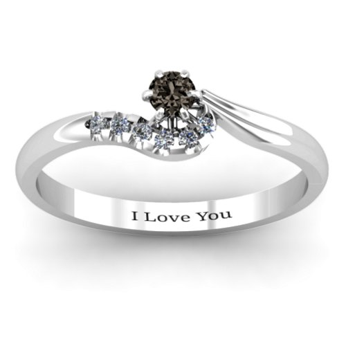 Solitaire Wave Ring with Stone Accents – Sterling Silver with Smokey Quartz and Cubic Zirconia