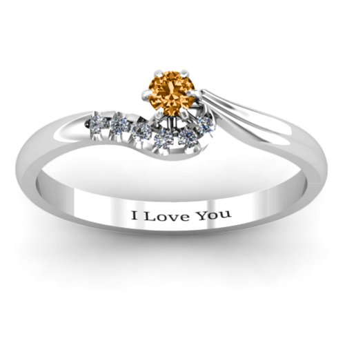 Solitaire Wave Ring with Stone Accents – Sterling Silver with Citrine and Cubic Zirconia