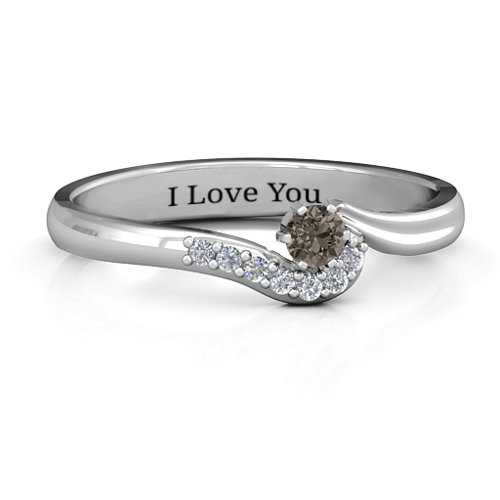 Solitaire Wave Ring with Stone Accents – Sterling Silver with Smokey Quartz and Cubic Zirconia
