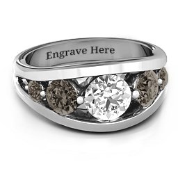 5 Stone Split Shank Ring in 925 Sterling Silver with White Premium Zirconia and Smokey Quartz