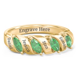 Spiral Marquise Row Ring in 10K Solid Yellow Gold with Emerald
