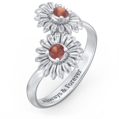 Sunflower Birthstone Bypass Ring – Sterling Silver with Garnet