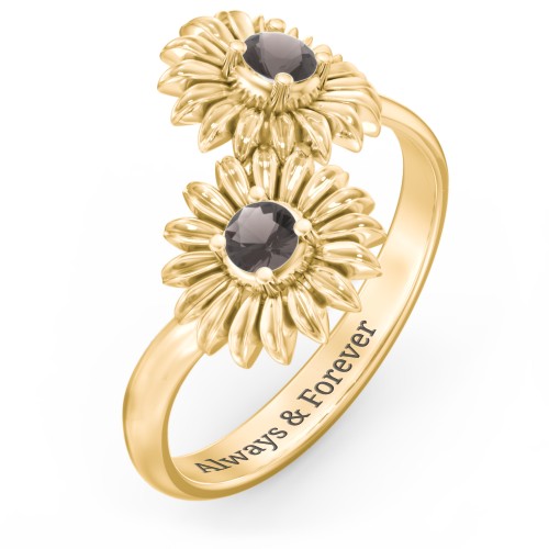 Sunflower Birthstone Bypass Ring – 10K Yellow Gold with Smokey Quartz
