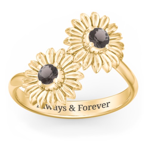 Sunflower Birthstone Bypass Ring – 10K Yellow Gold with Smokey Quartz