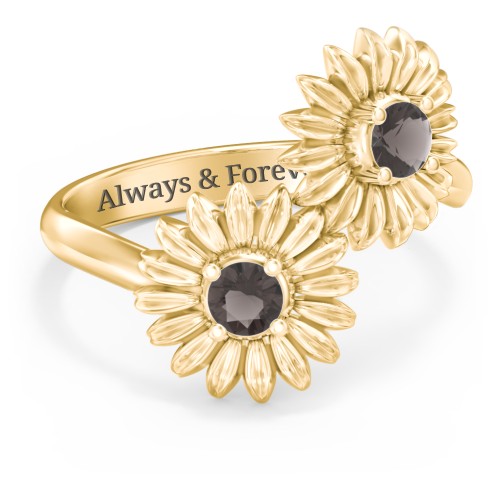 Sunflower Birthstone Bypass Ring – 10K Yellow Gold with Smokey Quartz