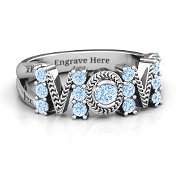 Split Shank Stone Filled MOM Ring in 925 Sterling Silver with Aquamarine