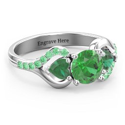 Hearts United Gemstone Ring with Accents in 925 Sterling Silver with Green Premium Zirconia and Emerald