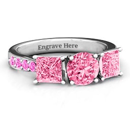 Majestic Round & Princess 3 Stone Ring with Accents