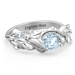 Solitaire Leaf Ring with Accent Stones in 925 Sterling Silver