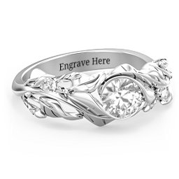 Solitaire Leaf Ring with Accent Stones in 925 Sterling Silver with White Premium Zirconia