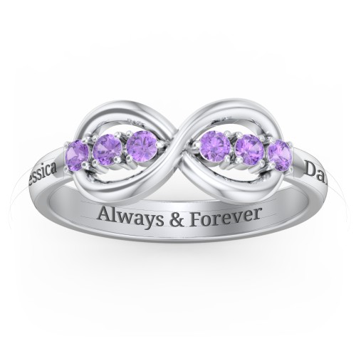 Engravable Infinity Ring with Birthstones – Sterling Silver with Amethyst