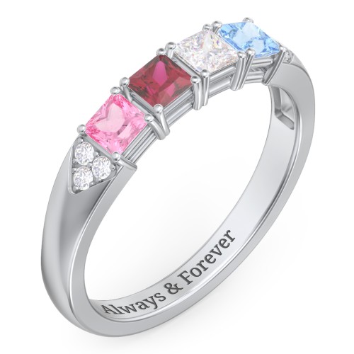 Classic 2-7 Princess Cut Ring with Accents – 10K White Gold with Pink Tourmaline, Ruby, Cubic Zirconia, and Blue Topaz