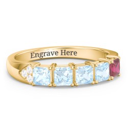 Classic 2-7 Princess Cut Ring with Accents in 10K Solid Yellow Gold with Aquamarine, Ruby, and Cubic Zirconia