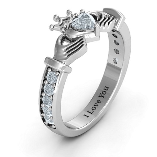 Classic Claddagh Heart Cut Ring with Accents – 10K White Gold with Cubic Zirconia
