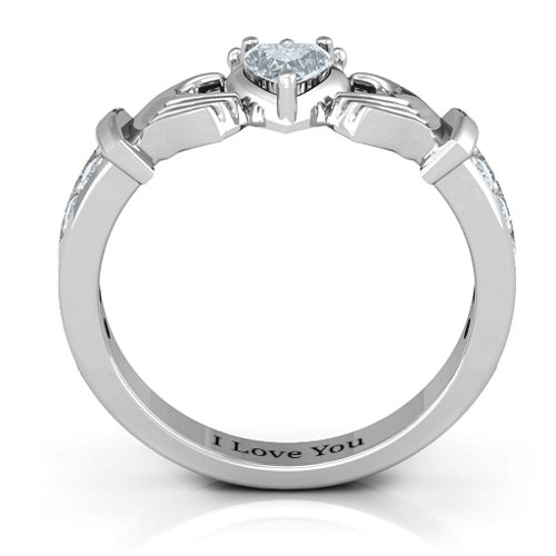 Classic Claddagh Heart Cut Ring with Accents – 10K White Gold with Cubic Zirconia