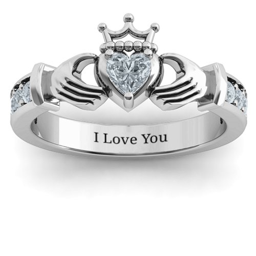Classic Claddagh Heart Cut Ring with Accents – 10K White Gold with Cubic Zirconia