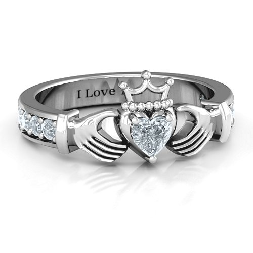 Classic Claddagh Heart Cut Ring with Accents – 10K White Gold with Cubic Zirconia