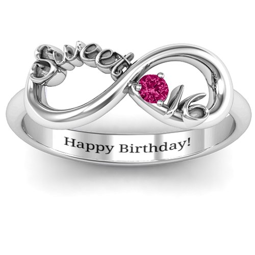 Sweet 16 with Birthstone Infinity Ring – 10K White Gold with Ruby