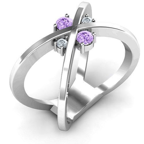 4 Stone Crossover Ring – 10K White Gold with Amethyst and Cubic Zirconia
