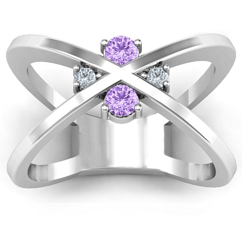 4 Stone Crossover Ring – 10K White Gold with Amethyst and Cubic Zirconia