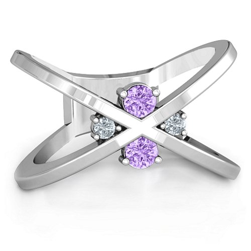 4 Stone Crossover Ring – 10K White Gold with Amethyst and Cubic Zirconia