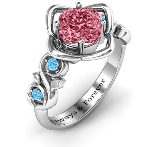 Cushion on Flowers Ring – 10K White Gold with Red Premium Zirconia and Blue Topaz