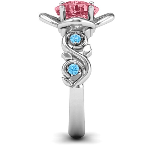 Cushion on Flowers Ring – 10K White Gold with Red Premium Zirconia and Blue Topaz