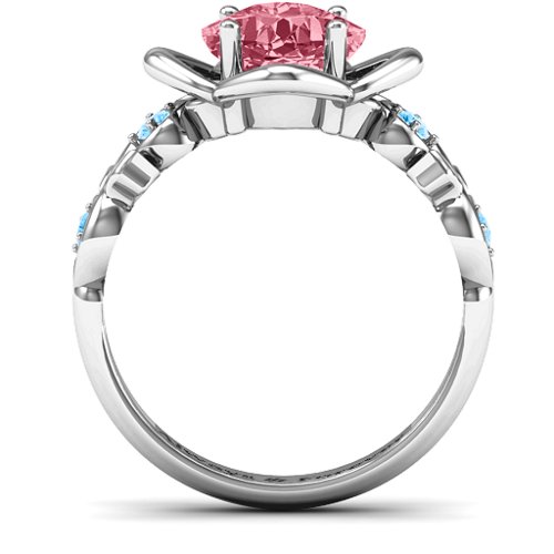 Cushion on Flowers Ring – 10K White Gold with Red Premium Zirconia and Blue Topaz
