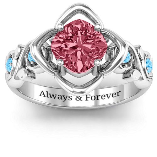 Cushion on Flowers Ring – 10K White Gold with Red Premium Zirconia and Blue Topaz
