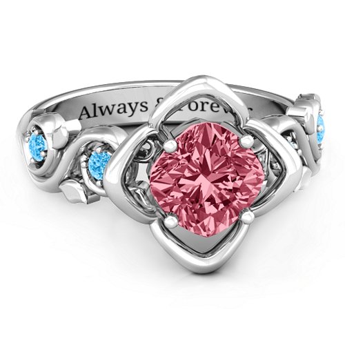 Cushion on Flowers Ring – 10K White Gold with Red Premium Zirconia and Blue Topaz